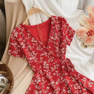 [𝑵𝒆𝒘 𝑨𝒓𝒓𝒊𝒗𝒂𝒍] Đầm Maxi hoa đỏ đắp chéo thắt eo Vintage