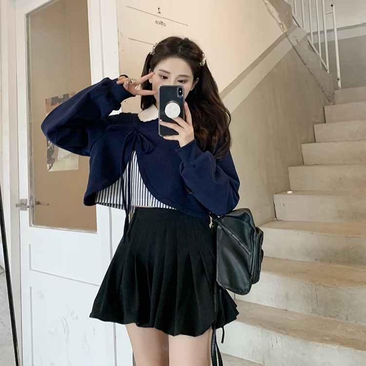 Set Áo Thun Dài Tay Cổ Tròn + Quần short Lưng Cao Thời Trang Hàn Cho Nữ