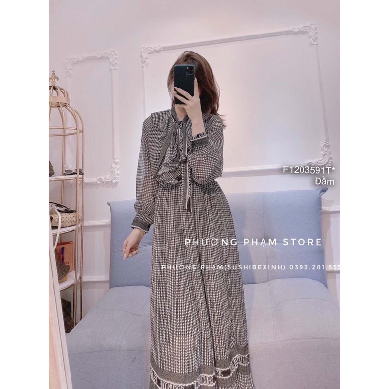 Đầm maxi họa tiết dập ly cổ thắt nơ tay dài! | BigBuy360 - bigbuy360.vn