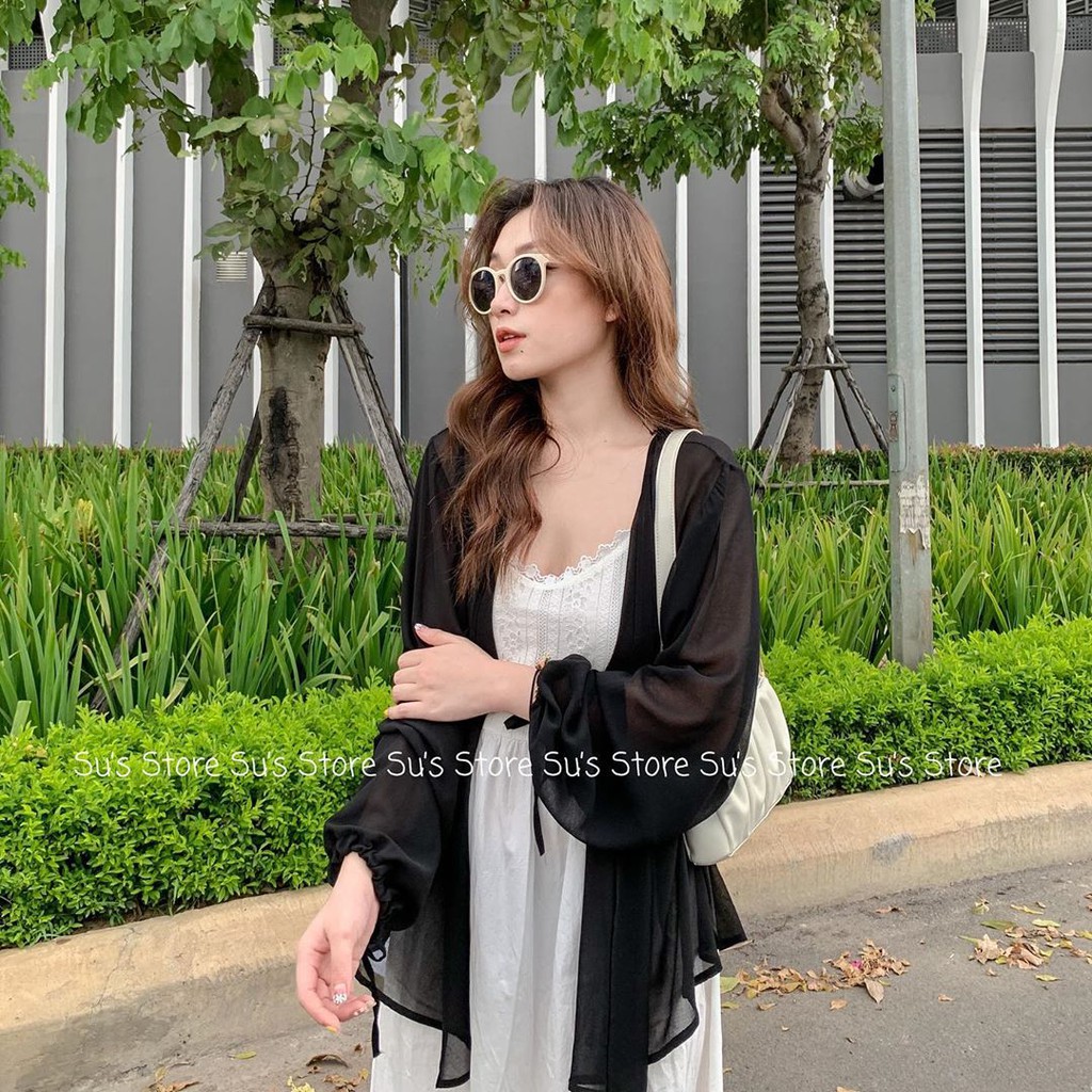 ÁO VOAN TRƠN TAY RÚT - ÁO KHOÁC CARDIGAN VOAN GIẤY THẮT NƠ TRẮNG ĐEN BASIC