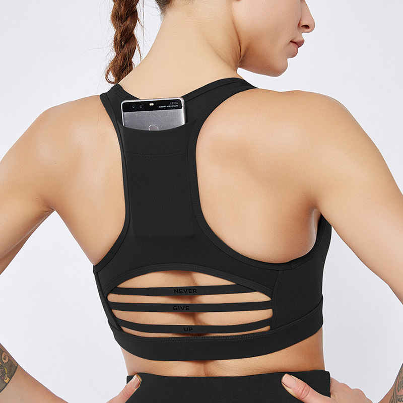 The new back pocket sports bra shock-proof cross-bar mesh stitching sports underwear yoga suit