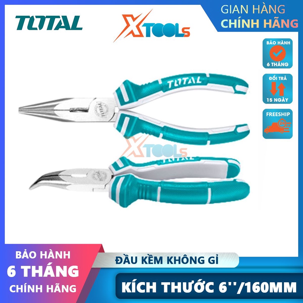Kìm mũi nhọn mỏ cong Total 6&quot;/160mm đầu kềm đánh bóng và chống rỉ, tay cầm chống trượt, độ cứng cao -CHÍNH HÃNG-XTOOLS