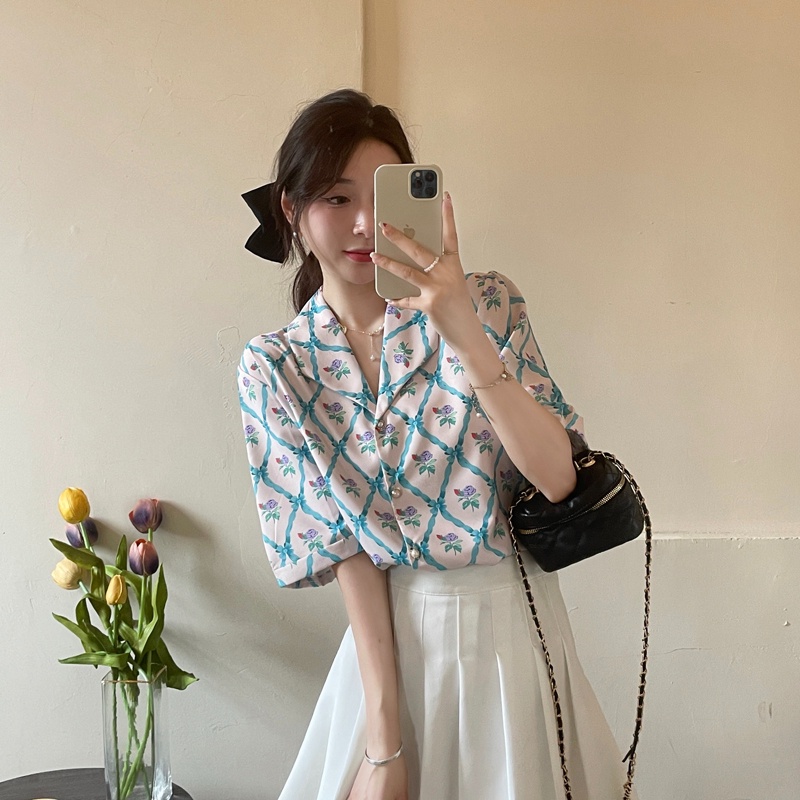 Áo sơ mi ZHELIHANGFEI ngắn tay cổ bẻ họa tiết hoa phong cách sang trọng dễ phối đồ