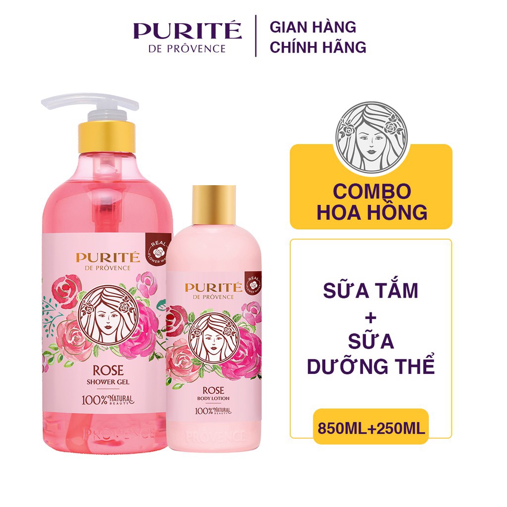 Combo Sữa tắm Purité Hoa Hồng 850ml + Sữa dưỡng thể Purité Hoa Hồng 250ml