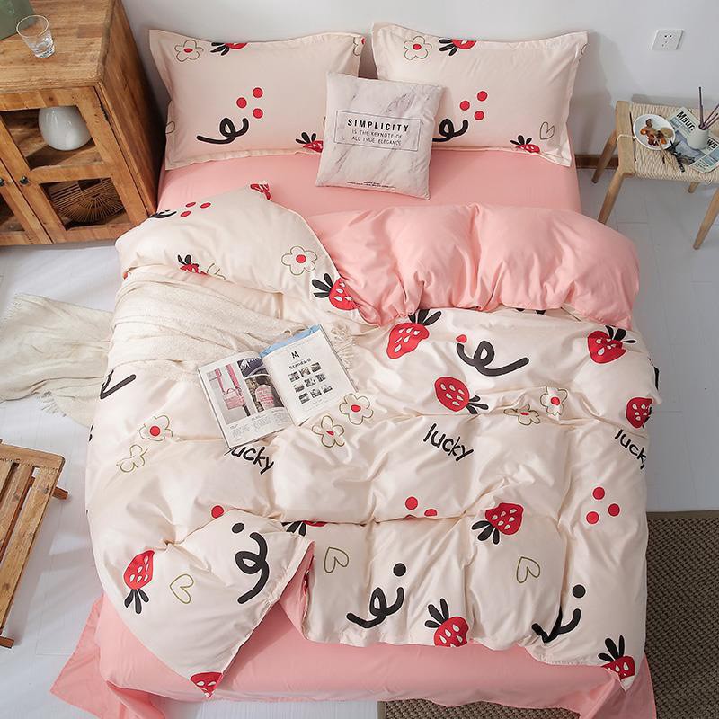 Bộ Chăn Ga Gối Cotton Poly Nhập Mẫu Dâu Hồng Lucky