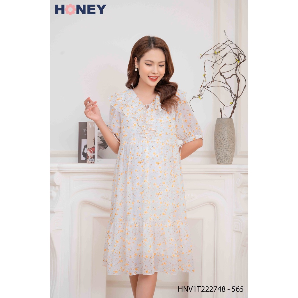 Váy đầm bầu thiết kế chất voan lụa cổ bèo dáng babydoll tay lỡ - thời trang bà bầu cao cấp Honey