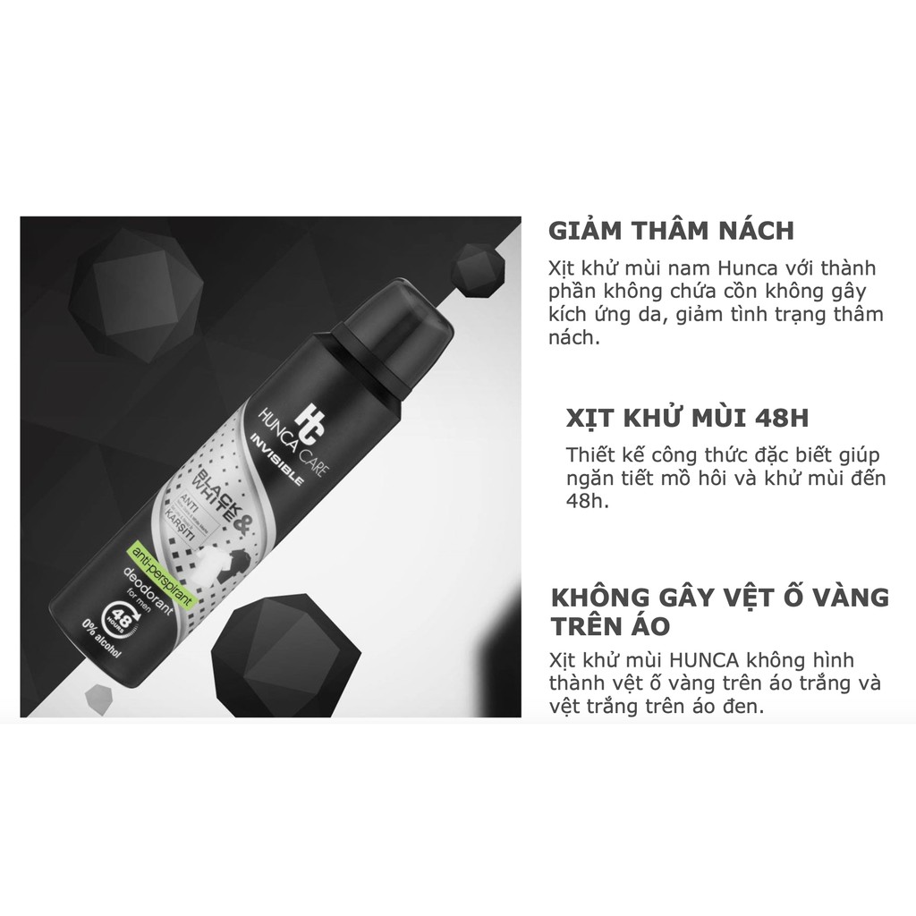 Xịt Khử Mùi Nam HUNCA Giảm Thâm, Hương Nước Hoa Nam Tính, Khử Mùi 48h, Ngăn Vệt Ố Vàng, Không Cồn (150ml) | BigBuy360 - bigbuy360.vn