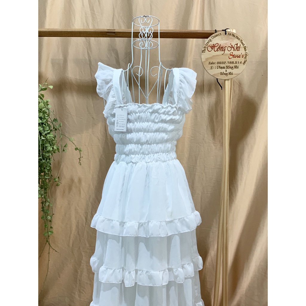 Đầm Maxi Xoè Trắng Tiểu Thư 2 Dây Trễ Vai Nhún Eo Đi Biển Siêu Sang Ulzzang