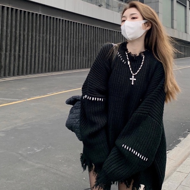 Áo Sweater Dệt Kim Tay Dài Dáng Rộng Thiết Kế Rách Thời Trang Thu Đông Hồng Kông Cho Nữ