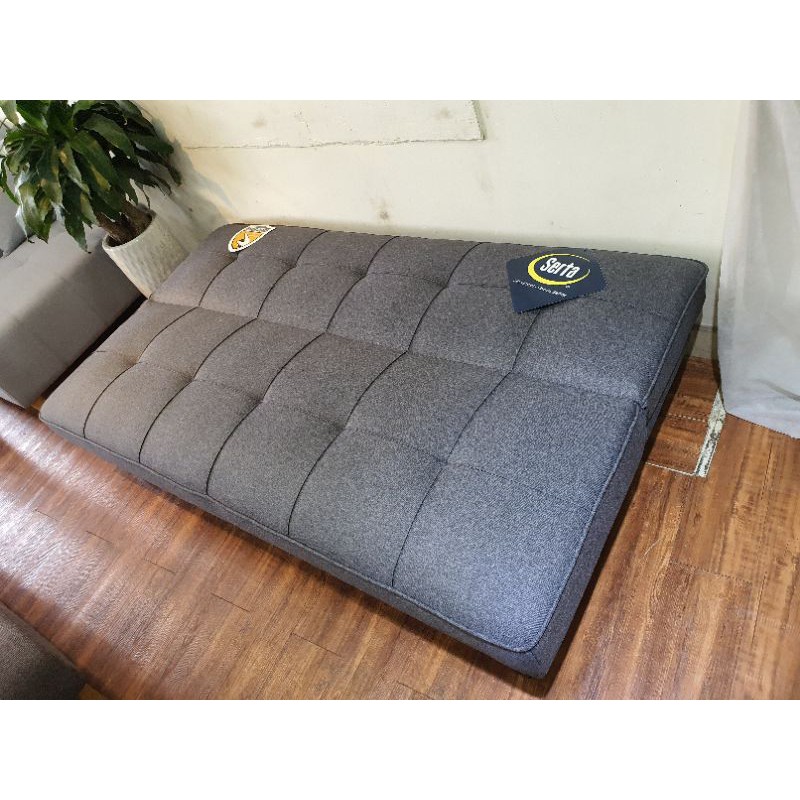 (Combo) Bộ bàn ghế sofa giường màu xám lông chuột - Bàn chữ nhật trắng