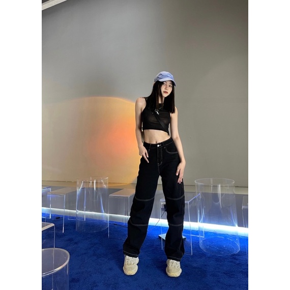 Quần jean nữ lưng cao ống rộng dáng suông màu đen cạp cao Gauni GD60 | BigBuy360 - bigbuy360.vn