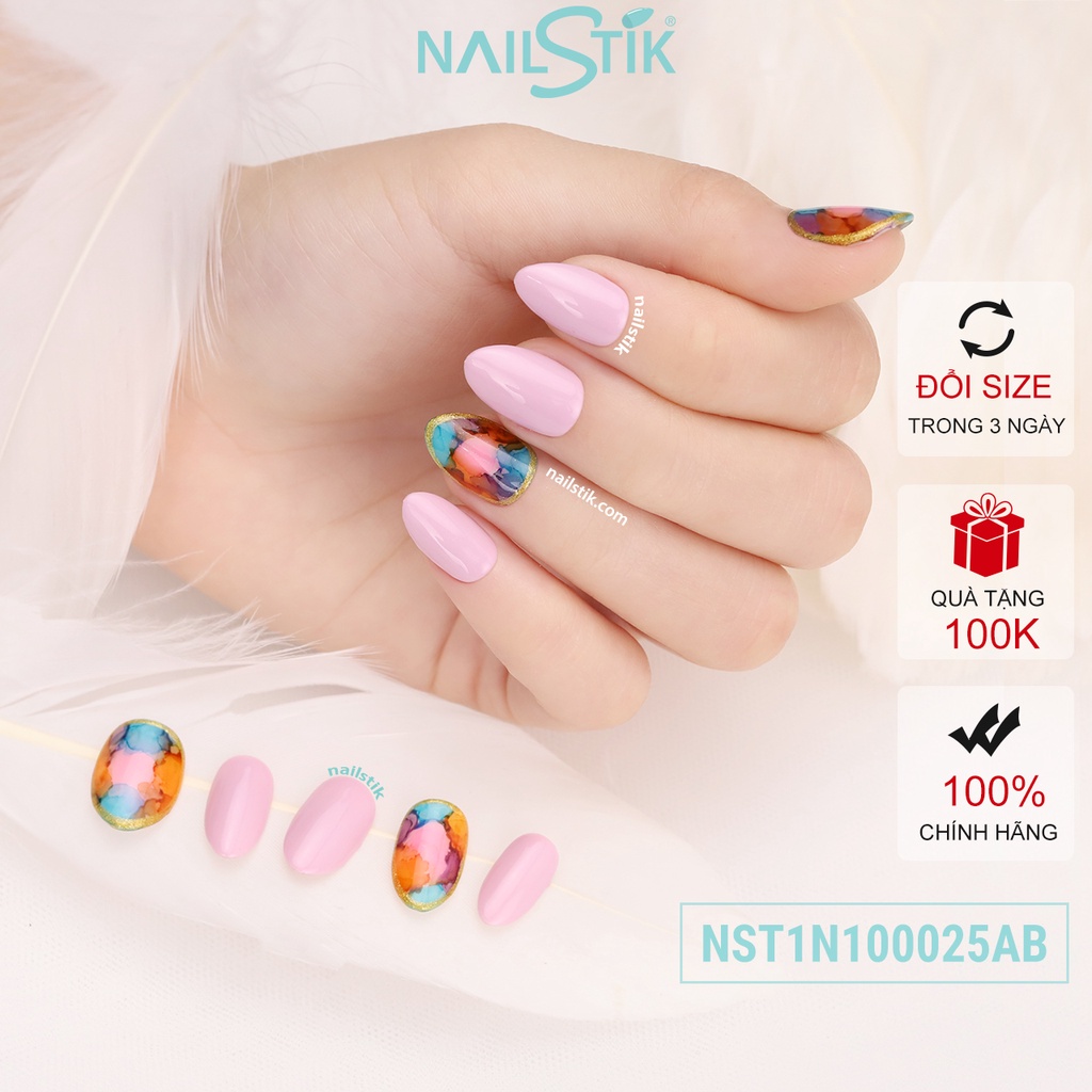 Móng úp thiết kế by NAILSTIK, màu hồng phấn, form móng bầu, ngắn/dài, 025