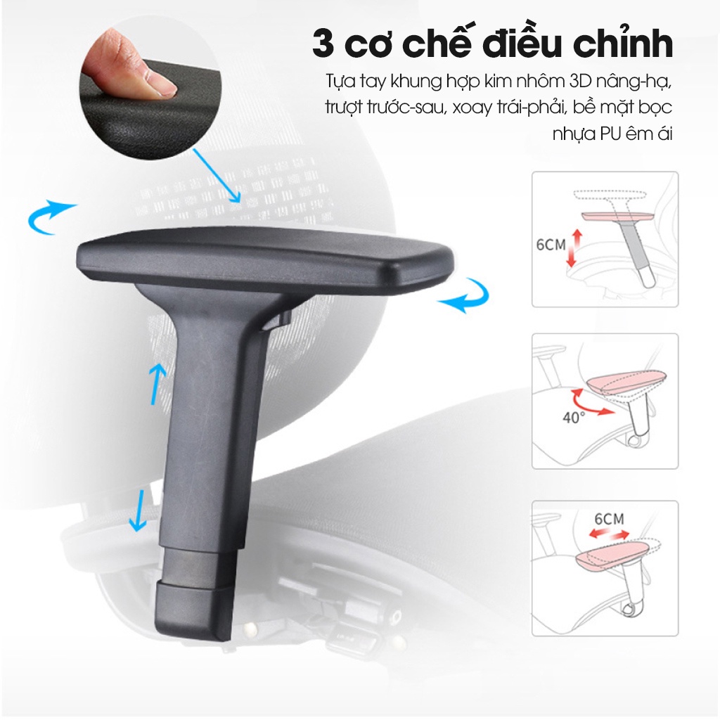 Ghế công thái học Ergonomic GOVI Solo S521 - Tựa đầu điều chỉnh độ cao xoay góc, tựa tay 3D nâng hạ, mâm ghế ngả 90 -135