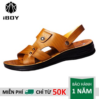 Dép quai ngang nam IBOY D2 từ da bò vàng nâu, đường chỉ khâu tay, đế tăng chiều cao êm chân thuộc dòng dép quai hậu nam