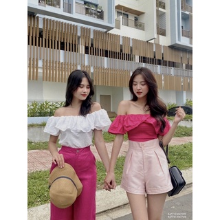 [RÁCH STORE] ÁO TRỄ VAI BÈO TAY NGẮN LOE ( 47710) - QUẦN CULOTTES 1 NÚT TÚI CHÉO ( 47690 )