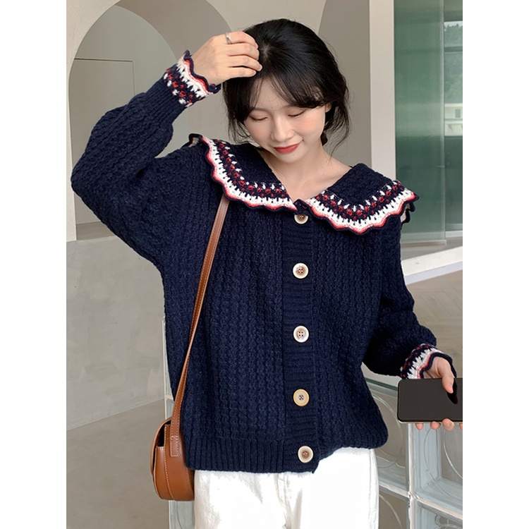 Cardigan cổ áo thủy thủ vặn thừng viền lượn sóng trẻ trung rộng rãi màu tím than be hồng cam