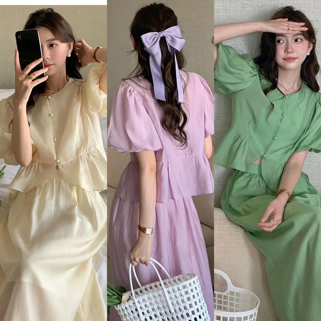 Bộ Áo Sơ Mi Tay Phồng + Chân Váy Màu Sắc Mơ Mộng Thanh Lịch Cá Tính Thời Trang Mùa Hè Cho Nữ