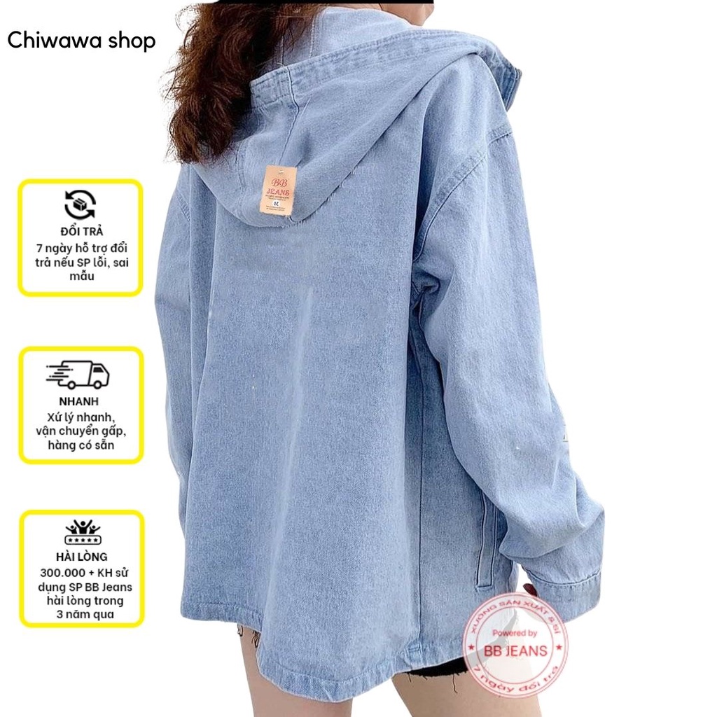 Áo khoác jeans nữ có mũ màu đen dây kéo form rộng Limit có túi trong 2 lớp cao cấp chỉ có tại Panda