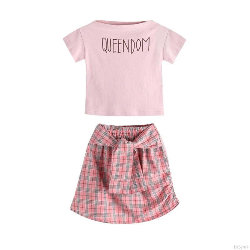 Bộ áo thun cotton ngắn tay + chân váy caro cho bé gái