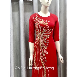 M05 - Áo Dài Hương Phượng Vải Lụa Cao Cấp Áo Dài Dáng Truyền Thống Màu Đỏ Sang Trọng Thêu Đính Họa Tiết Hoa Thủ Công