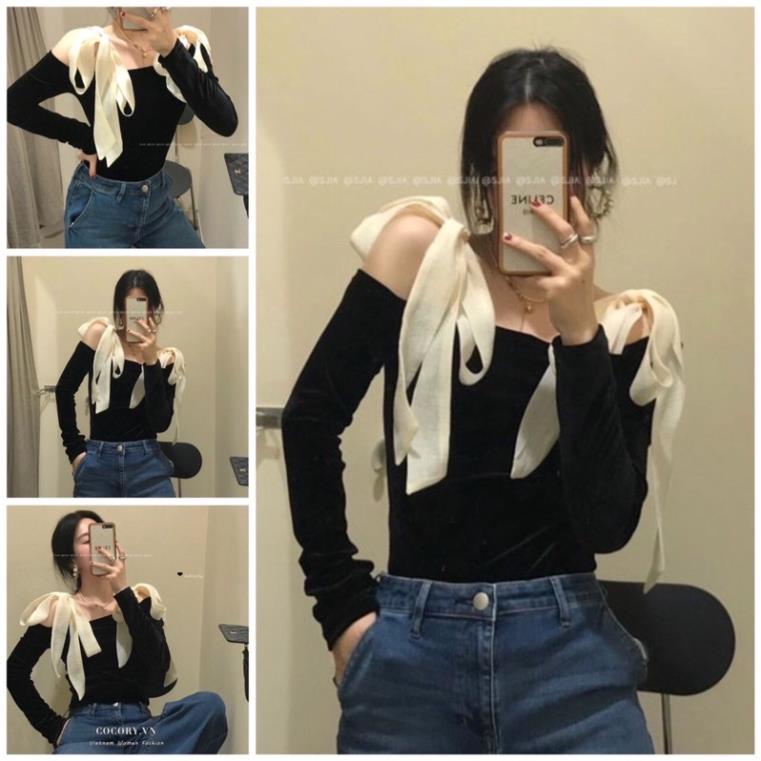 Áo kiểu thun tay dài đen trơn dây buộc vai nữ tính Hàn Quốc
