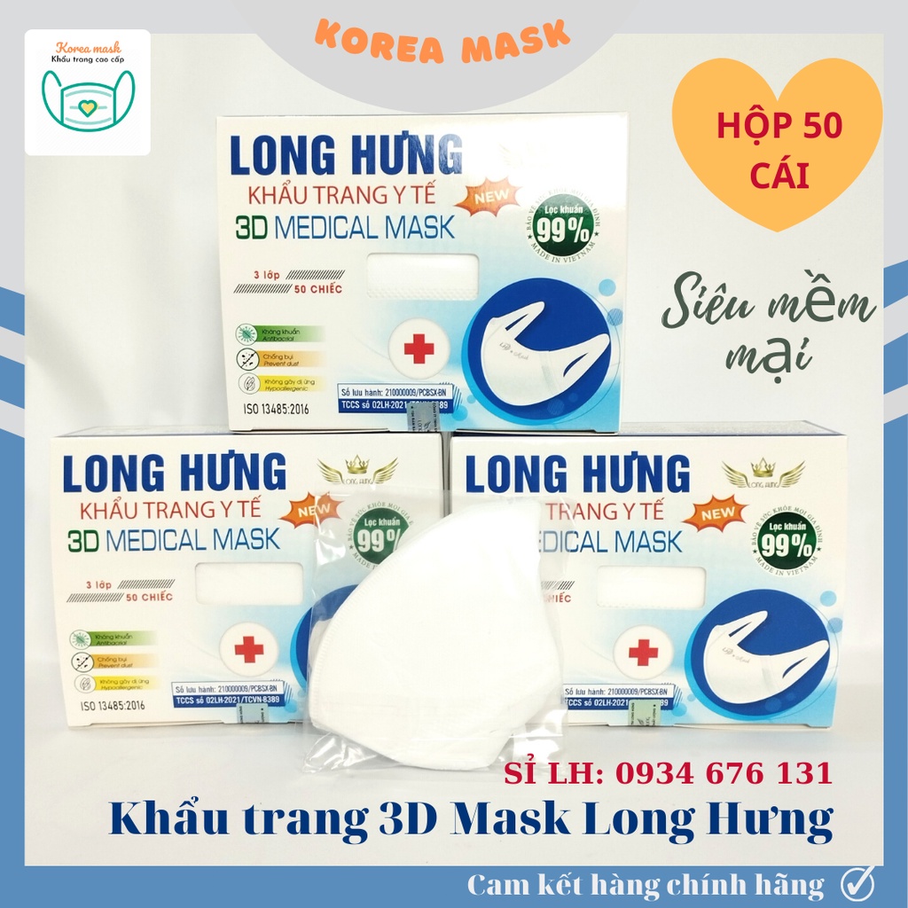 HỘP 50 CÁI KHẨU TRANG Y TẾ 3D LONG HƯNG - SAKURA MASK NGƯỜI LỚN QUAI ĐEO SIÊU MỀM MẠI, KHÁNG KHUẨN 99%