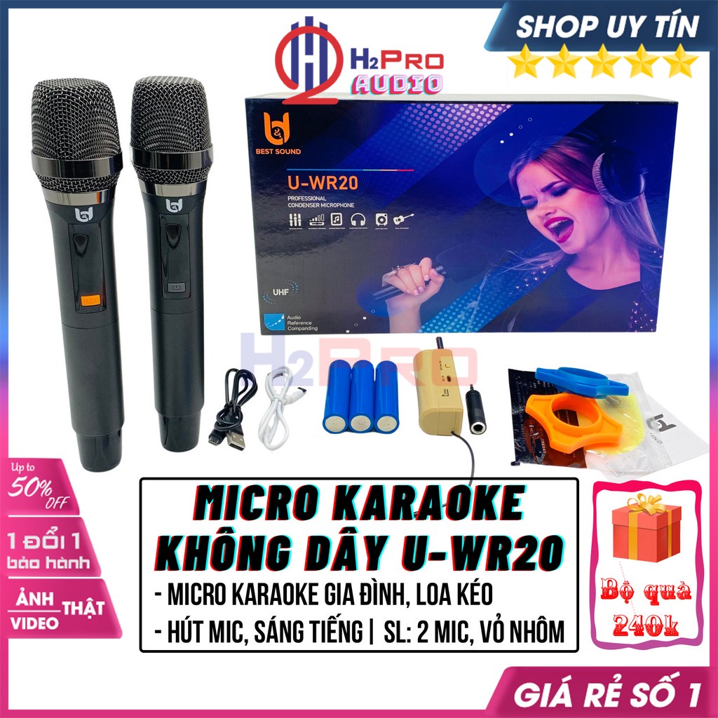 Micro Không Dây Loa Kéo, Micro Karaoke Gia Đình Best Sound U-WR20, Mic Hút, Tiếng Sáng, Vỏ Nhôm, Sóng Xa 20M-H2Pro Audio