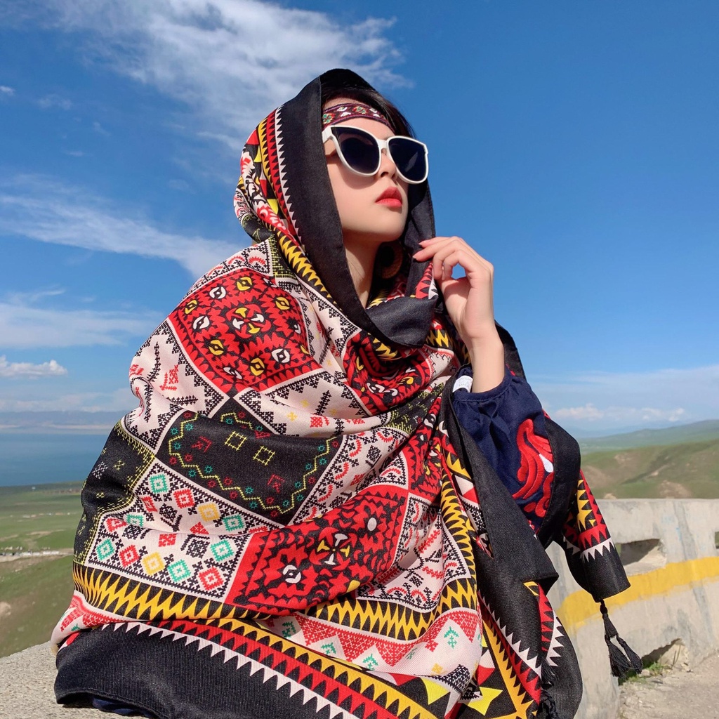 Khăn choàng boho đi biển họa tiết thổ cẩm ô vuông xinh xắn đa năng che nắng chụp hình 180x90cm - Mã VS009