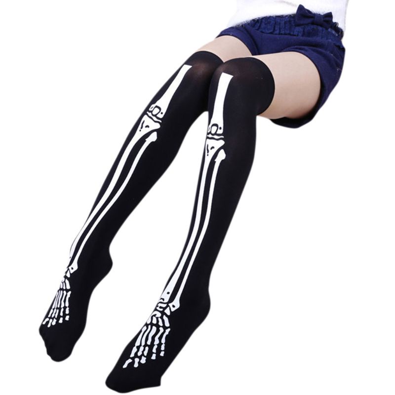 Tất Cao Ngang Đùi Hình Bộ Xương Hóa Trang Halloween Cho Nữ