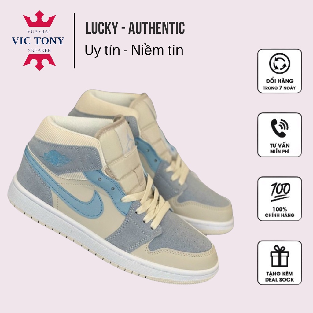 Giầy thể thao cổ cao JD xanh xám da lộn 1.1 , Air Jordan 1 Mid Mixed Textures Blue Xanh Da Lộn full bill box