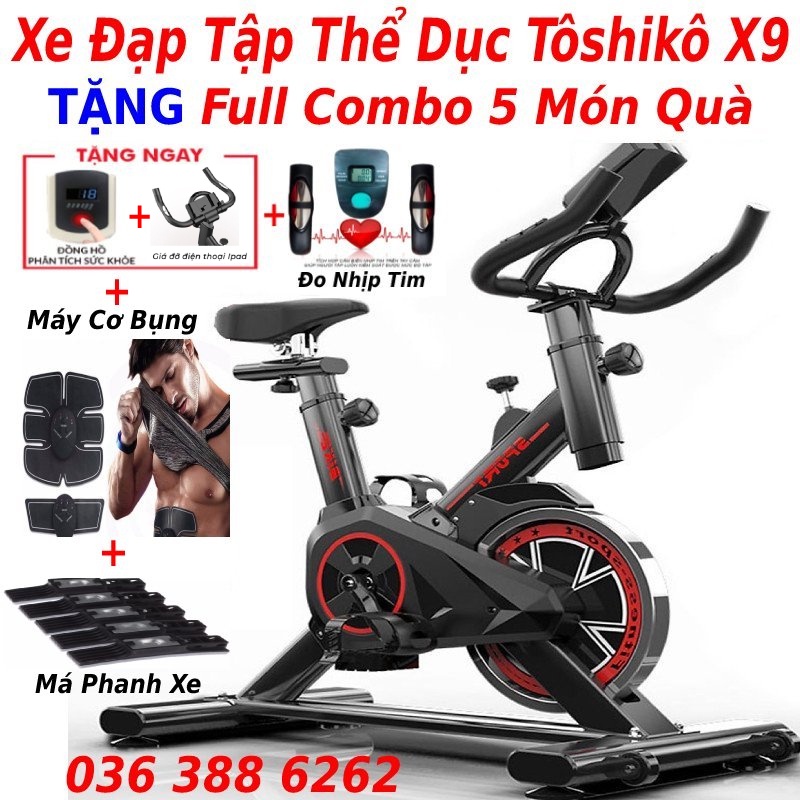 Xe đạp tập gym thể dục thể thao tại nhà Tôshikô X9 tặng máy cơ bụng ems+ má phanh + giá đỡ ipad + đồng hồ + đo nhịp tim