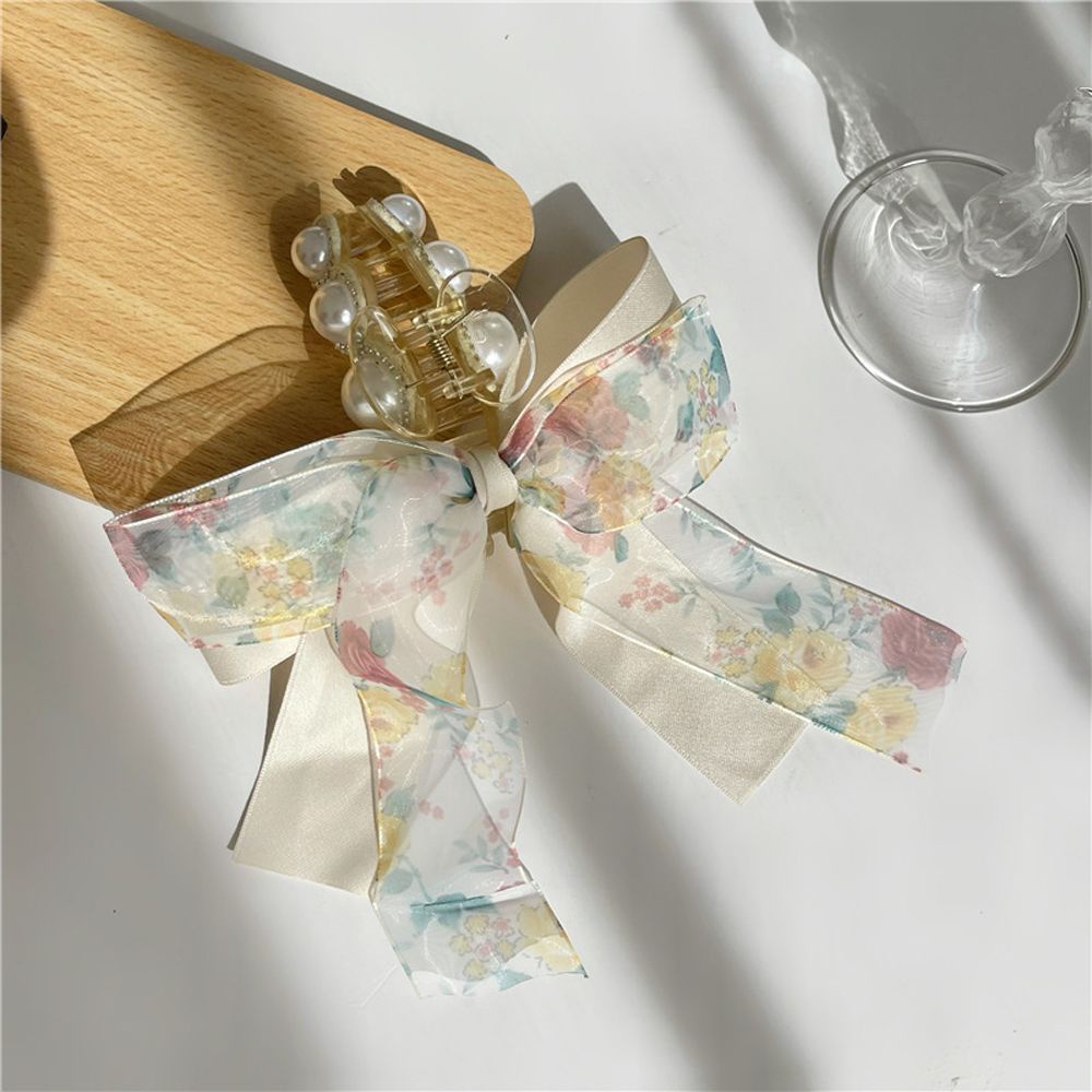 Kẹp bấu tóc đuôi ngựa hai lớp đính nơ và ngọc trai phong cách Hàn Quốc thanh lịch mới cho nữ