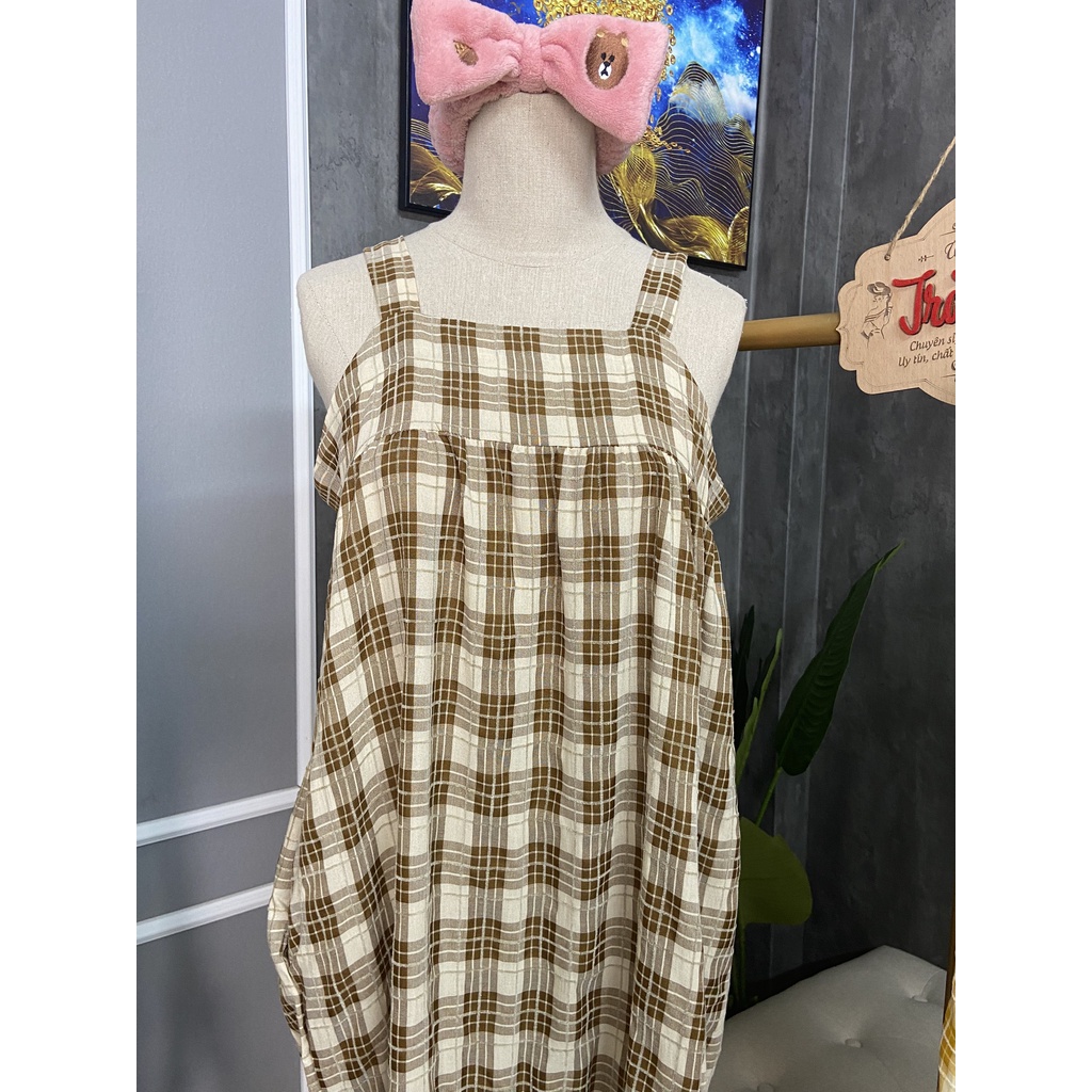 Váy hai dây babydoll dáng dài đuôi cá họa tiết kẻ caro 4 màu hottrend, đầm bầu hai dây kẻ caro dáng dài đuôi cá
