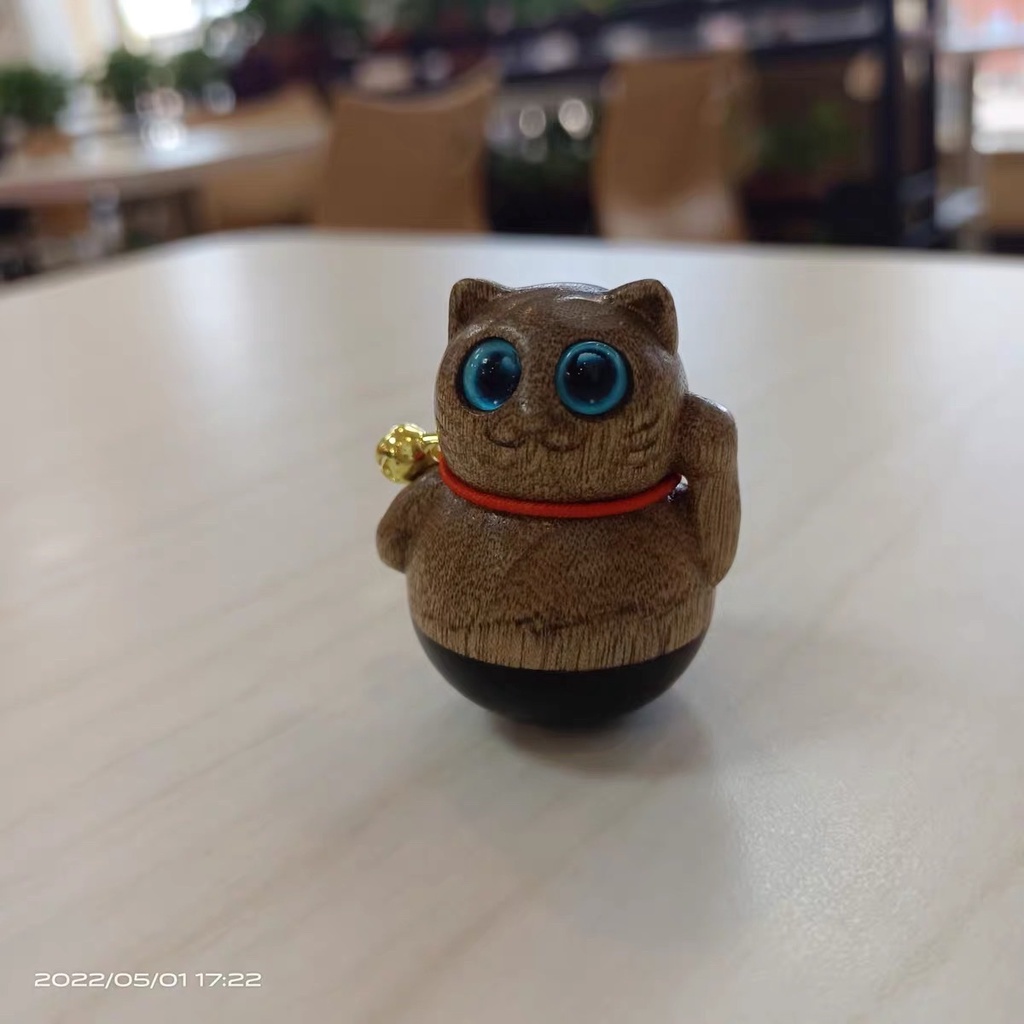 Mèo Gỗ Thần Tài; Phụ Kiện Chó Mèo Thú Cưng;  Mèo Lật Đật Khắc Gỗ May Mắn