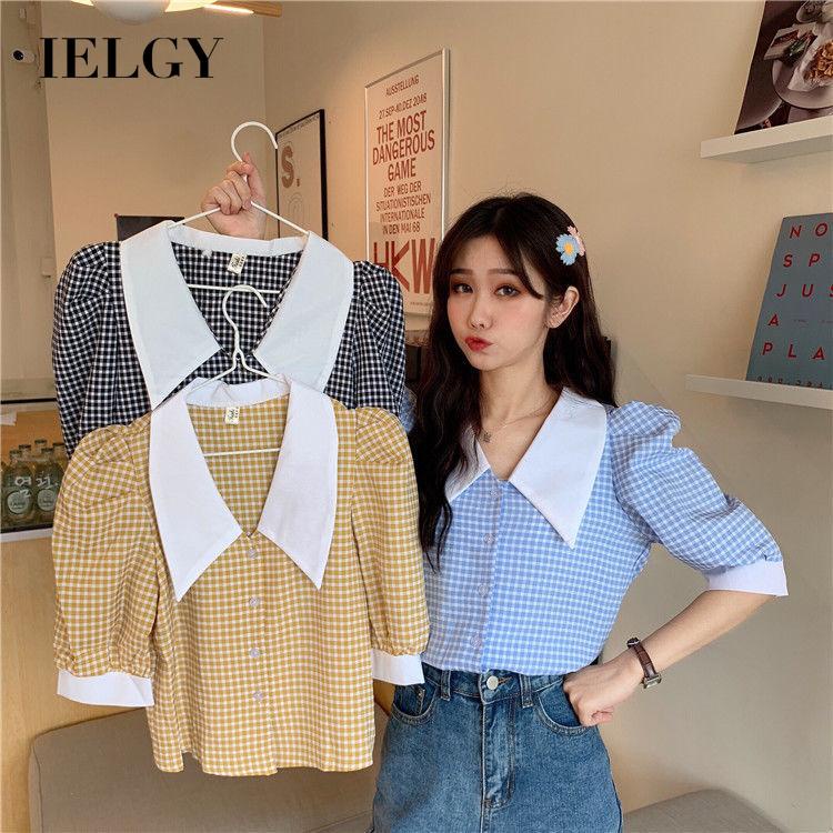 Áo croptop IELGY tay phồng kẻ sọc kiểu retro thời trang cho nữ