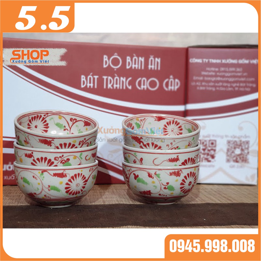 Set 6 chén cơm vẽ cúc đỏ giả cổ - hàng gốm sứ Bát Tràng chất lượng, an toàn - XƯỞNG GỐM VIỆT