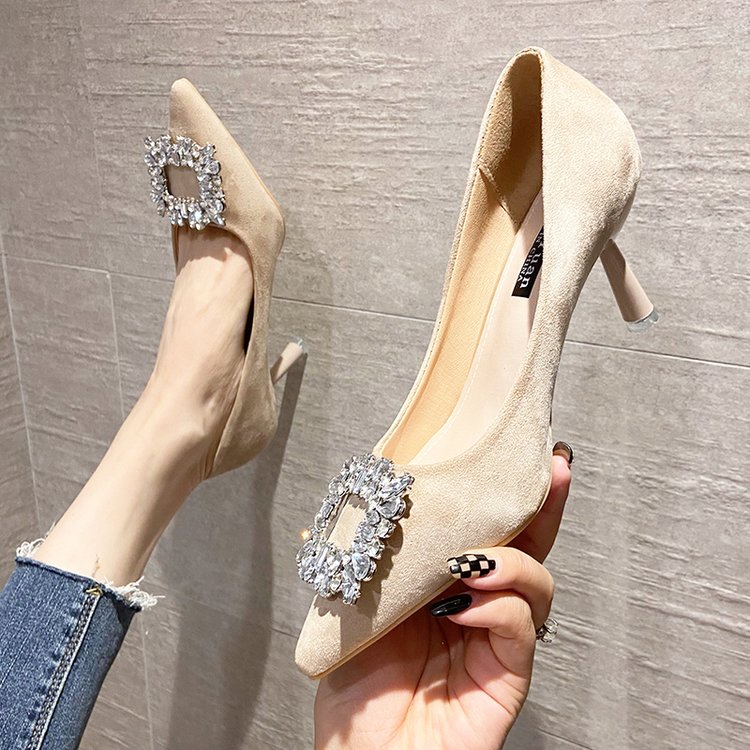 Giày Cao Gót Da Lộn Mũi Nhọn Màu Trơn Đơn Giản Hợp Thời Trang