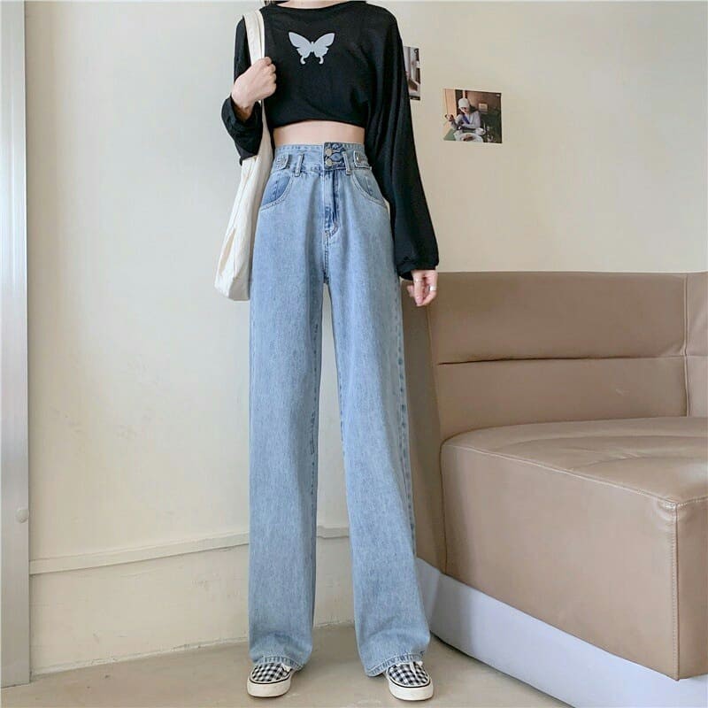 [ FREESHIP, HÀNG ĐẸP ] QUẦN JEAN ỐNG RỘNG NỮ MÀU XANH 2 NÚT 2 ĐAI LƯNG CAO BABO
