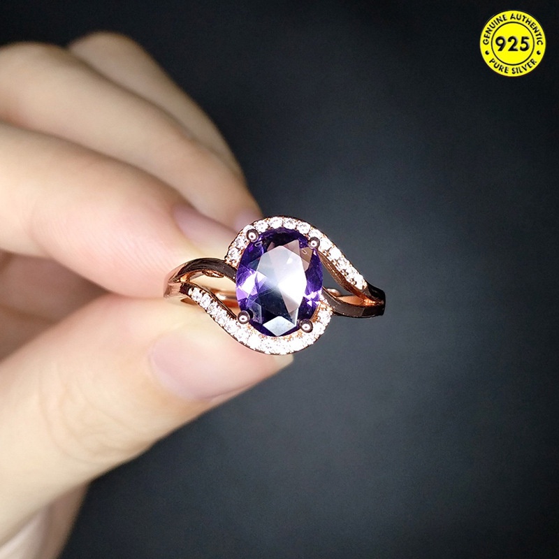 Nhẫn màu vàng hồng đính đá thạch anh tím có thể điều chỉnh kích cỡ