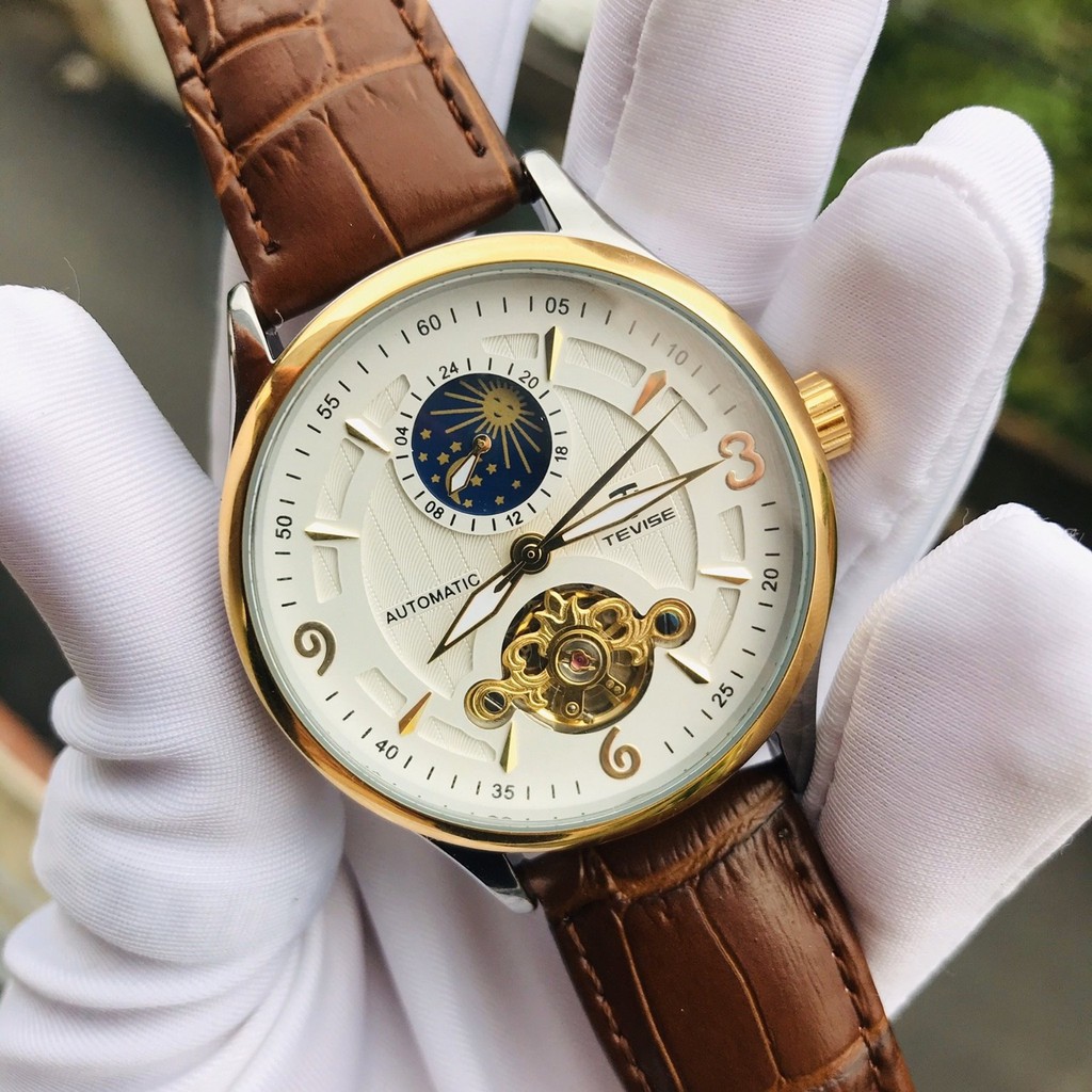 giảm pin Đồng Hồ Nam Cơ Tự Động Automatic Chính Hãng TEVISE Dây Da Cao Cấp Đẹp Giá Rẻ Chống Nước Chống Xước