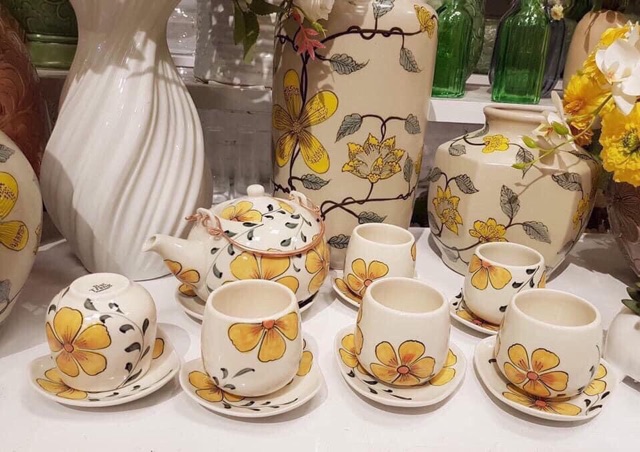 Bộ ấm chén vẽ hoa vàng hàng Bát Tràng xuất khẩu-Bộ trà đẹp