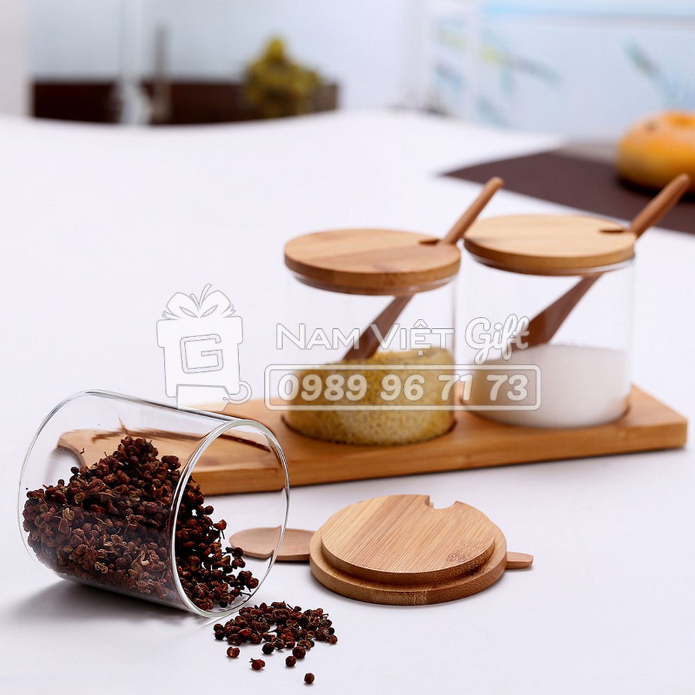 Lọ Gia Vị Thủy Tinh Nắp Gỗ Kèm Thìa Gỗ