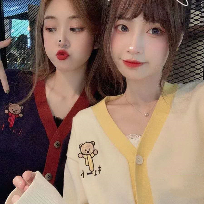 SUXI Áo cardigan dệt kim phong cách Hàn Quốc thiết kế cổ chữ V trẻ trung cho nữ