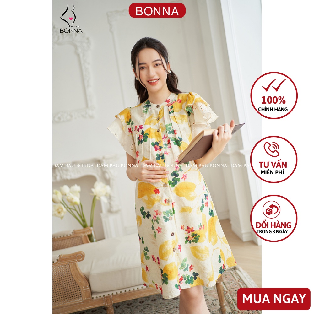 Váy bầu mùa hè BONNA chất liệu đũi cao cấp, họa tiết hoa lá nữ tính, dáng suông tay cánh tiên, cúc mở cho bé ti VS029