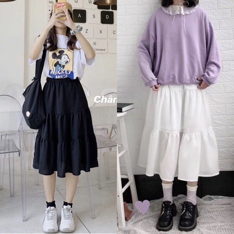 Chân váy voan ba tầng xòe ulzzang tiểu thư dáng dài basic (video + ảnh thật + ảnh mặc thật)