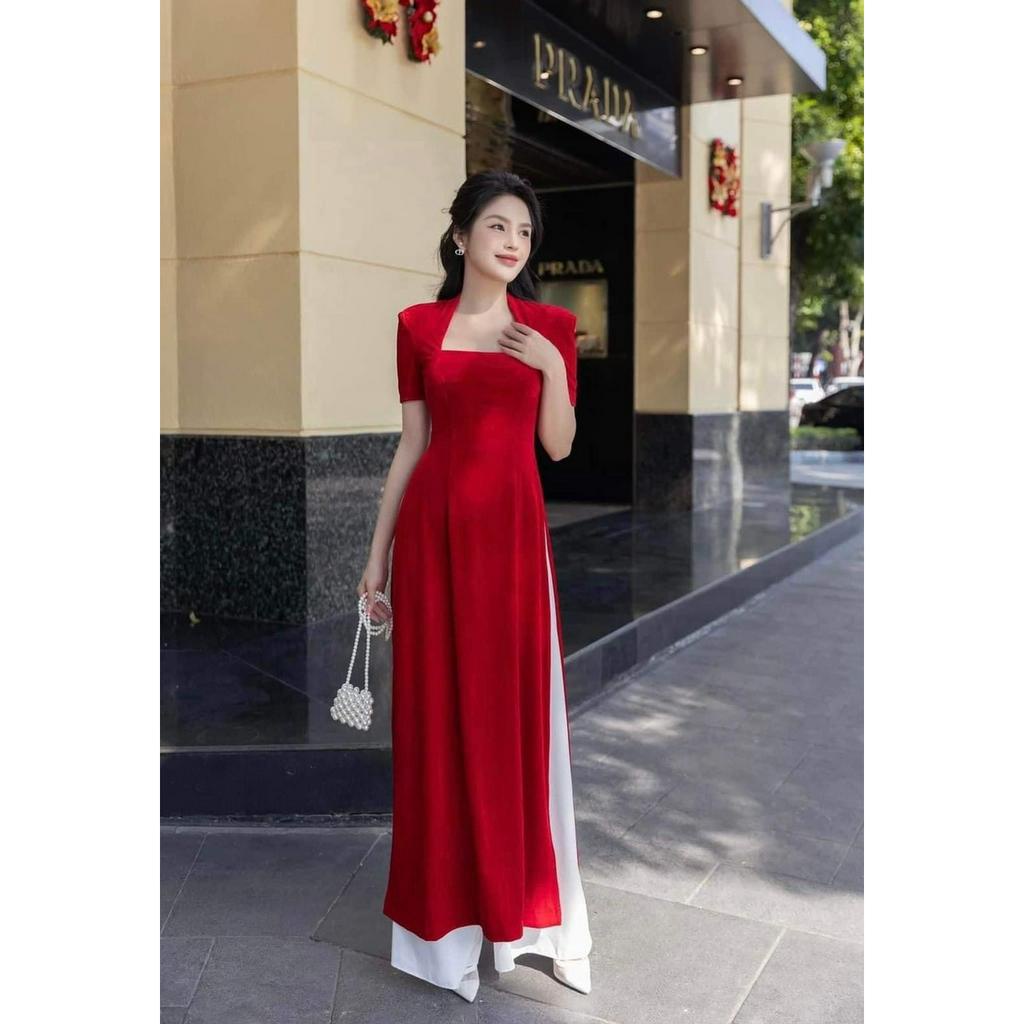 Áo Dài Lụa Mỹ Cổ Vuông Chéo- Áo Dài Cà Ri