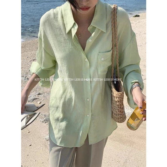 Áo sơ mi nữ dài tay túi lệch vải đũi nhăn màu Hàn Quốc