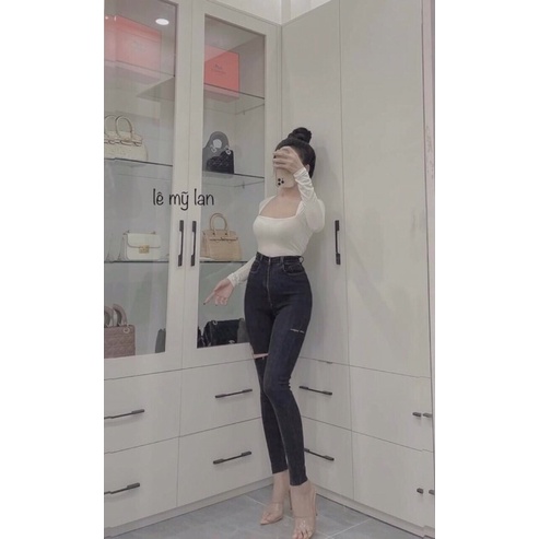 Quần Dài Jean BigSize Rách Hông Đùi Màu Đen/ Xám Sáng - Co Giãn Mạnh - Lưng Siêu Cao