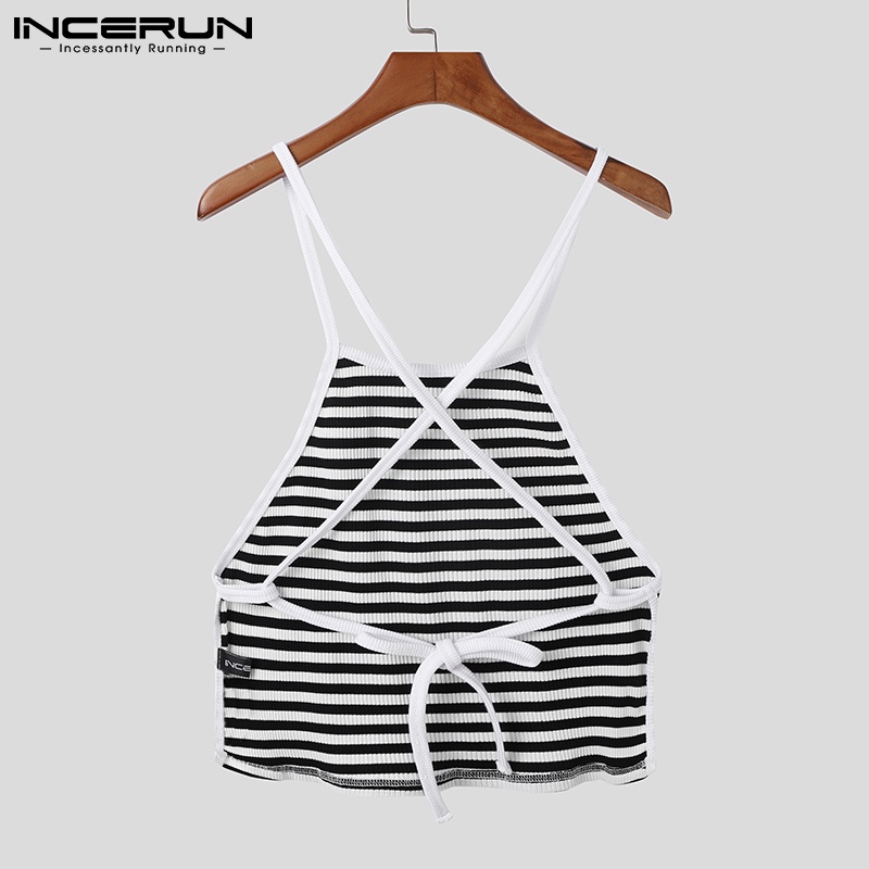 Áo hai dây INCERUN hở lưng hoạ tiết kẻ sọc thời trang cho nam