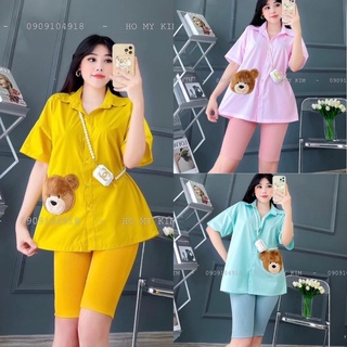 Set bộ đồ nữ áo sơ mi gấu thêu nổi + quần legging lửng